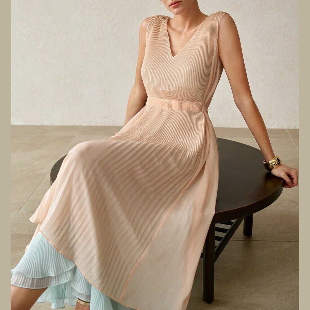 Ivory Pleated Midi Dress with Contrast Ruffle Hem - Picture 7 of 7